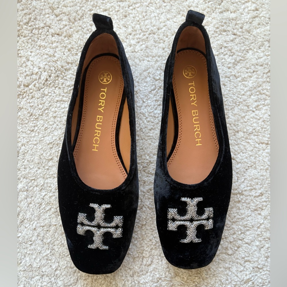 Tory Burch - Eleanor Crystal Ballet,  Black Velvet Flats with Silver Logo